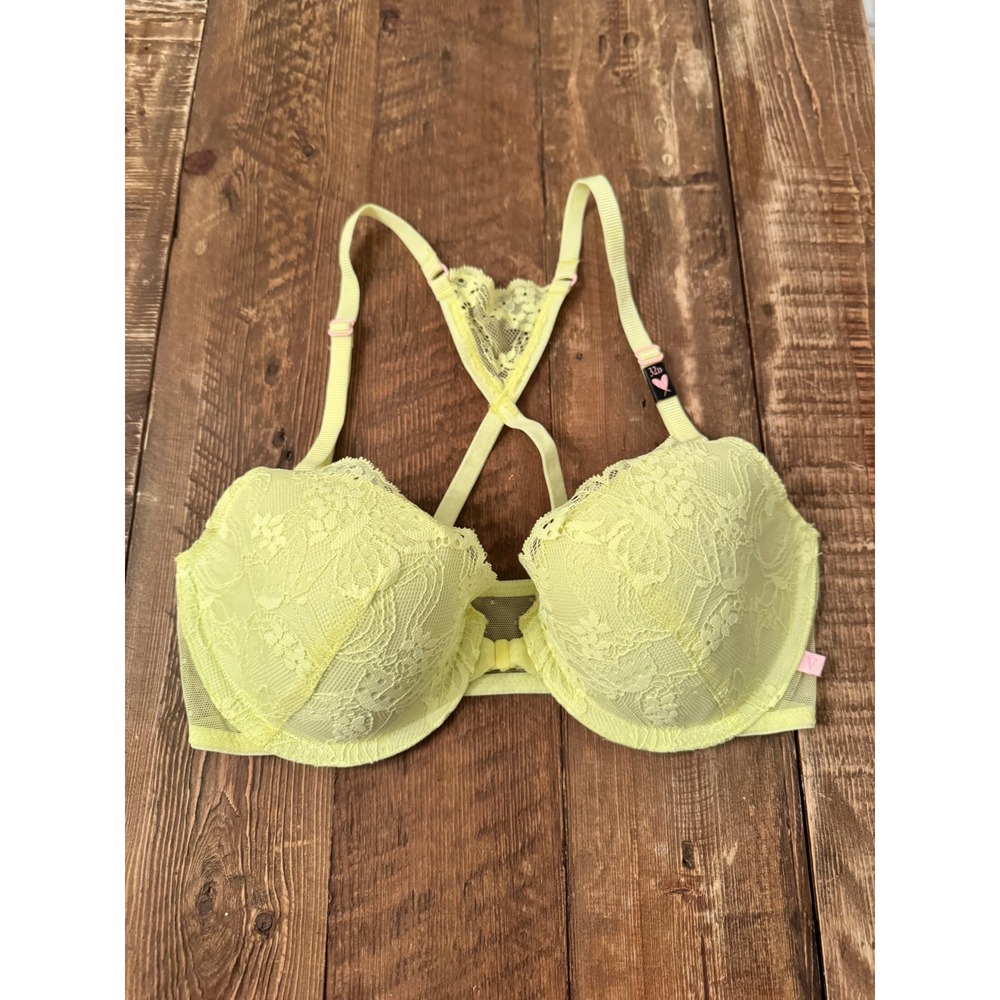 Victoria's Secret Dream Angels Push-Up Bra 32D Lime Yellow Lace Racerback NWT